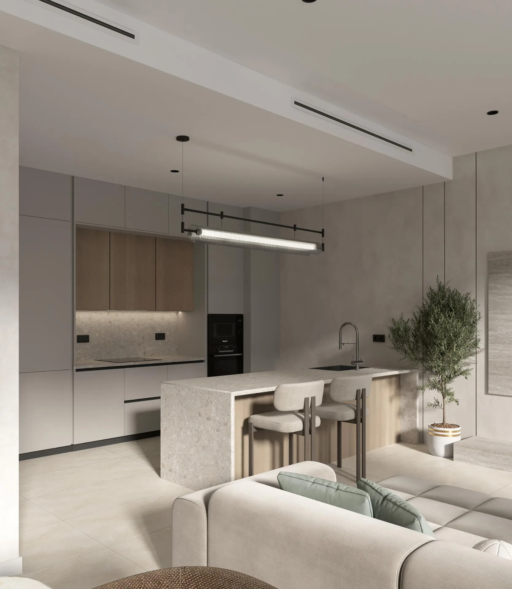 Kitchen-living room with a light stone island