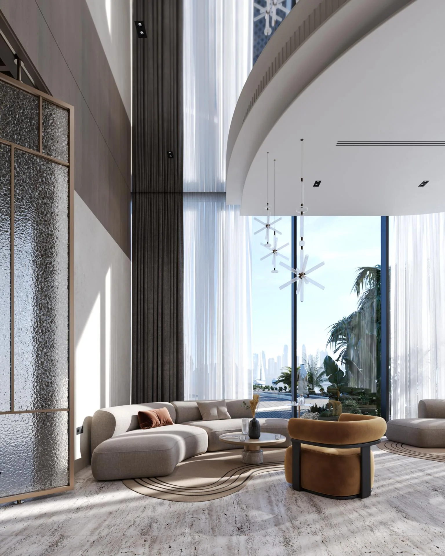 Residents' lounge with tall windows and soft sofas