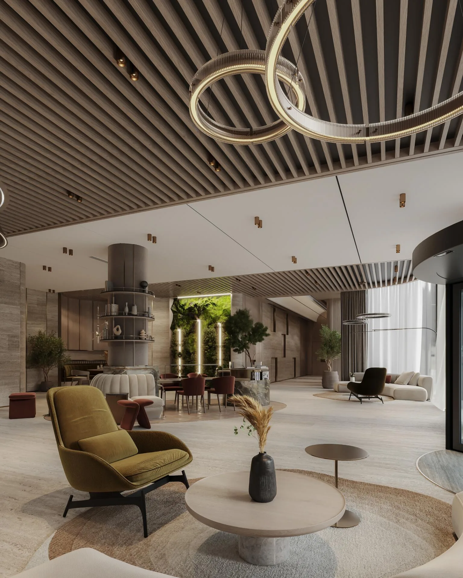 Lobby with a timber slatted ceiling and ring chandeliers