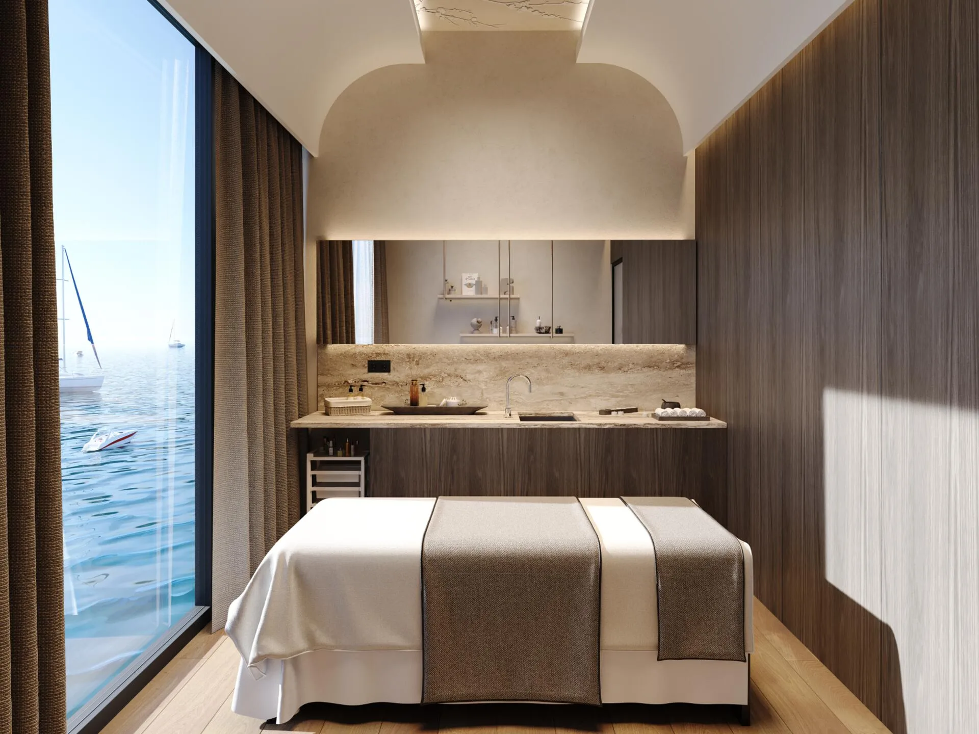 Massage room with a full-wall sea-view window