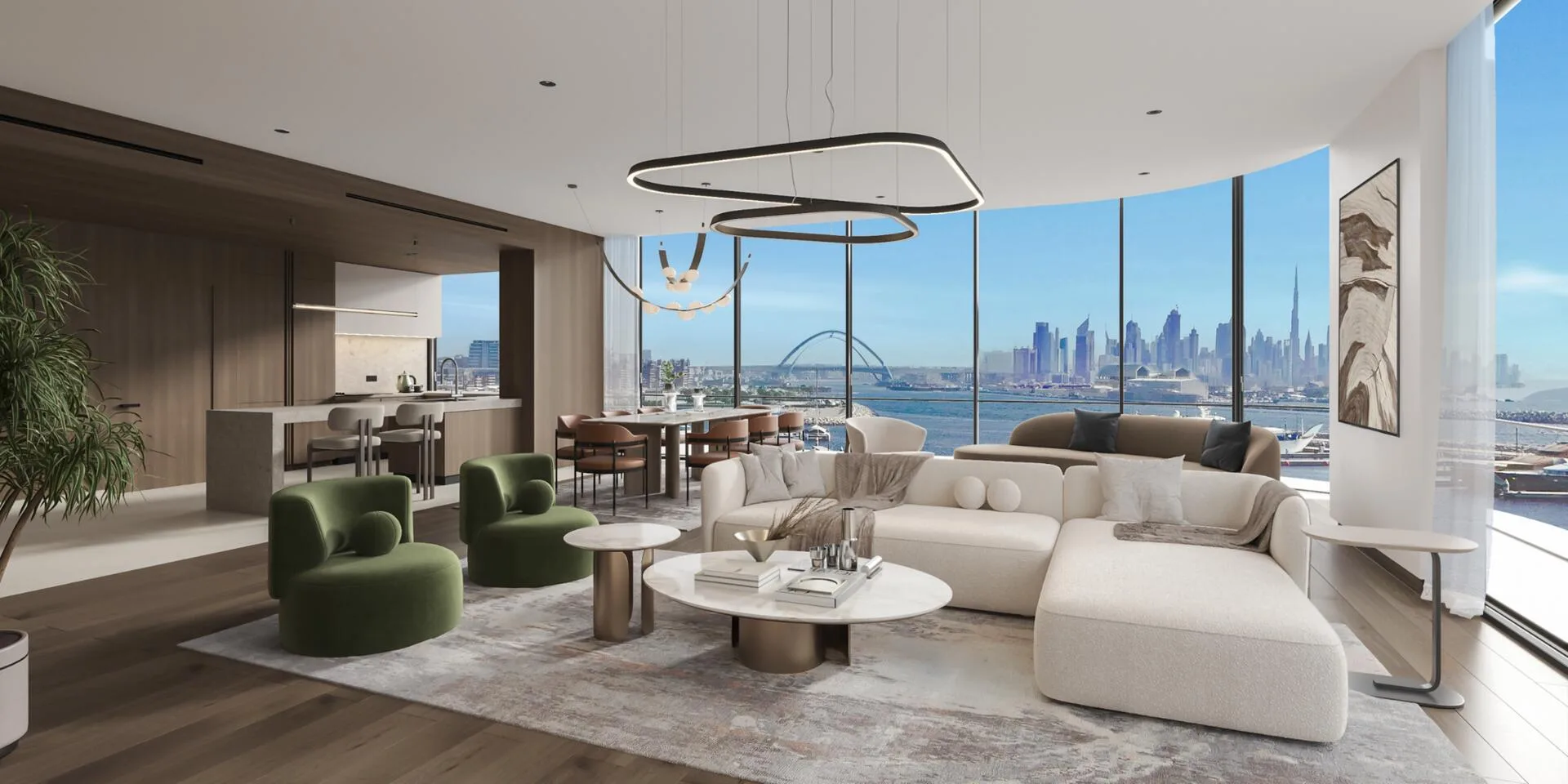Living room with green armchairs and a view of Dubai's skyline