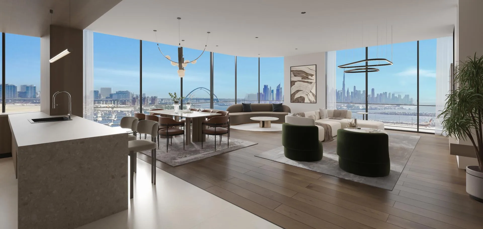 Penthouse kitchen-living room with panoramic windows overlooking the marina and city