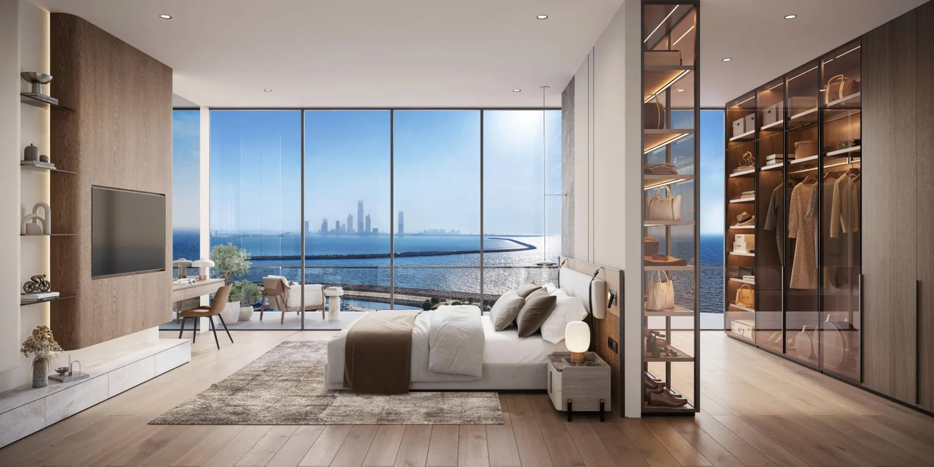 Penthouse bedroom with sea-view windows and a glass dressing room