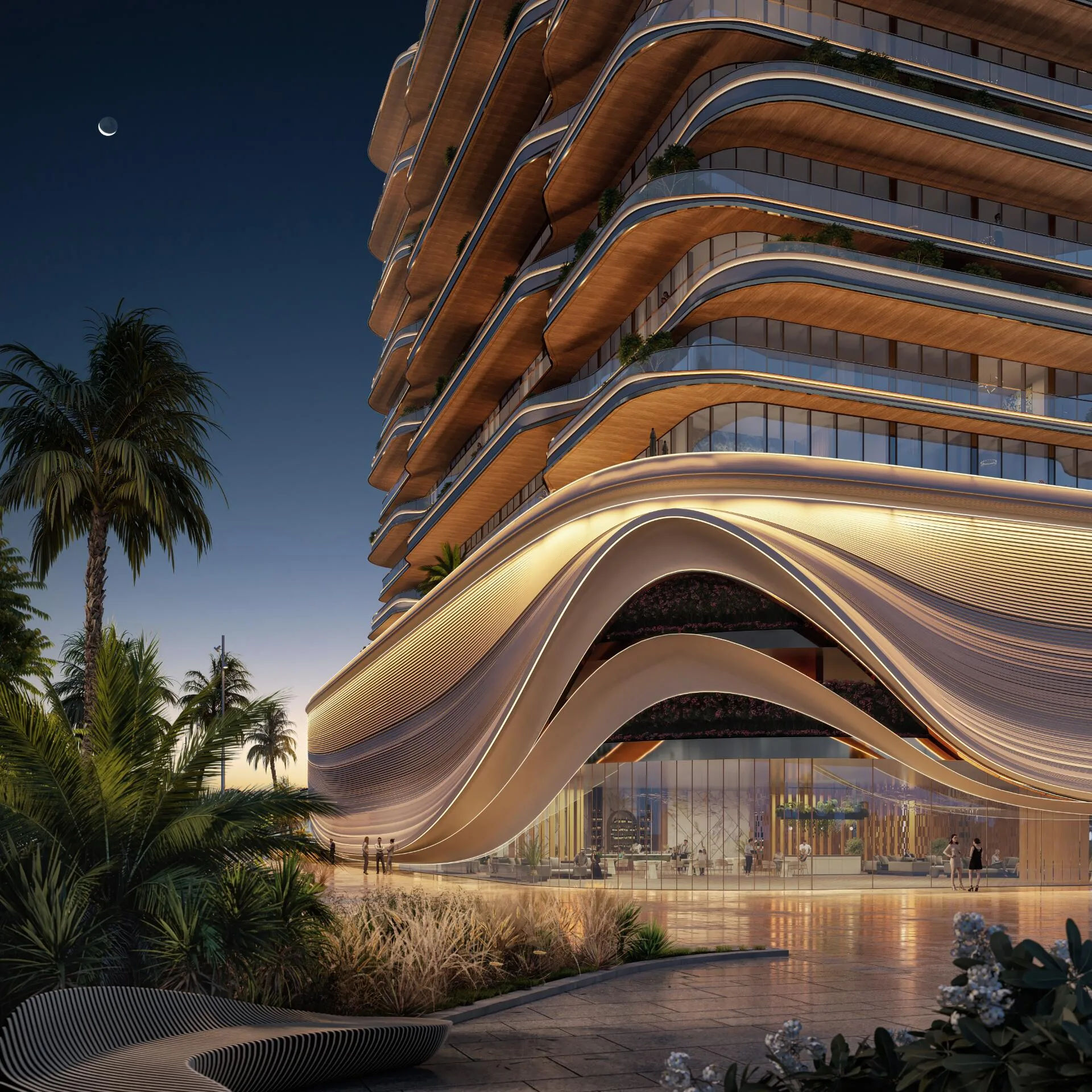 LIV Oceanside podium in the evening: a wave-like canopy over the glass entrance