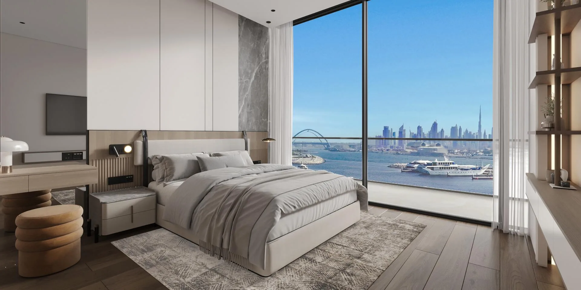 Bedroom with a full-wall window overlooking the marina and Dubai skyline