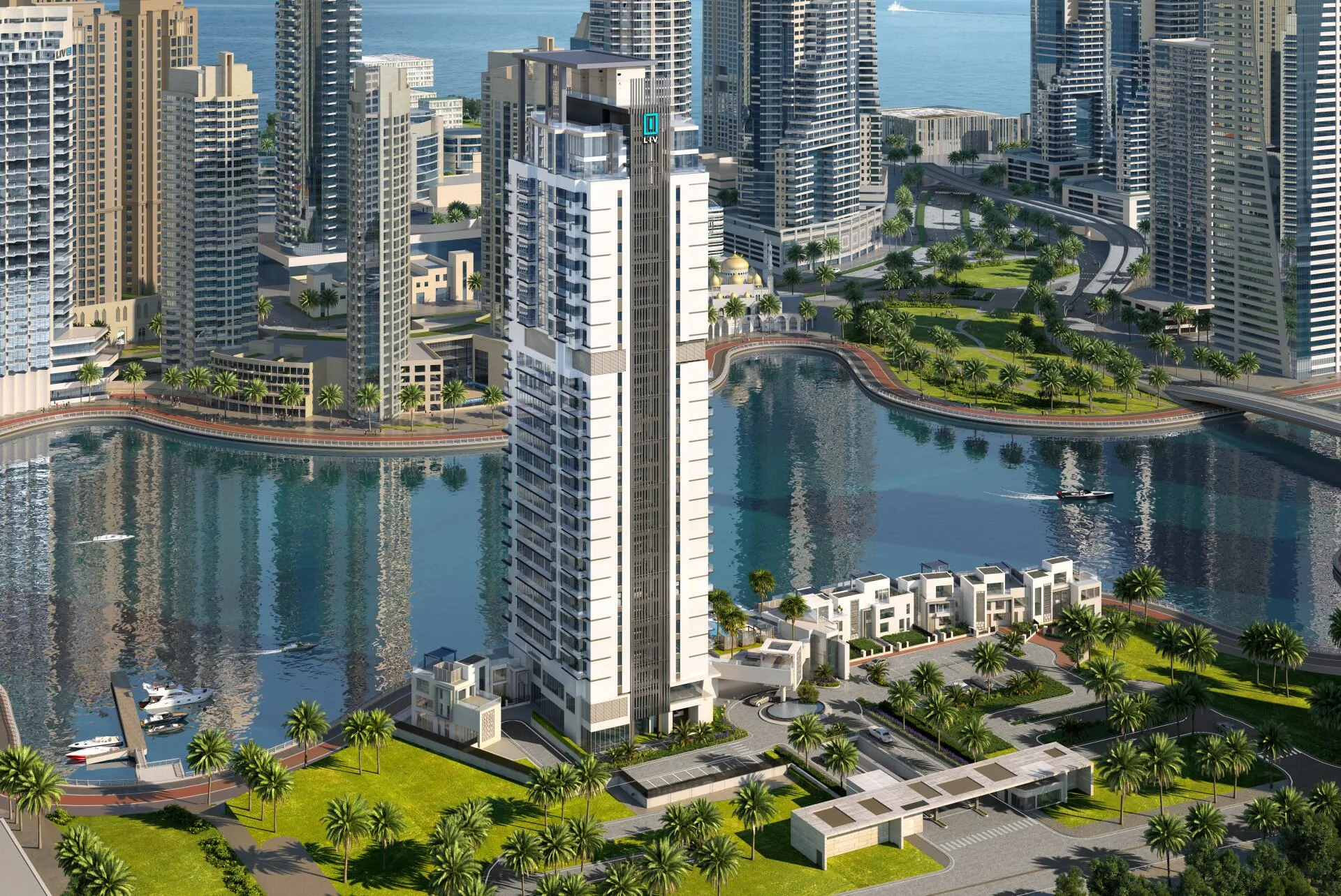 Башня и виллы LIV Waterside на берегу марины с высоты