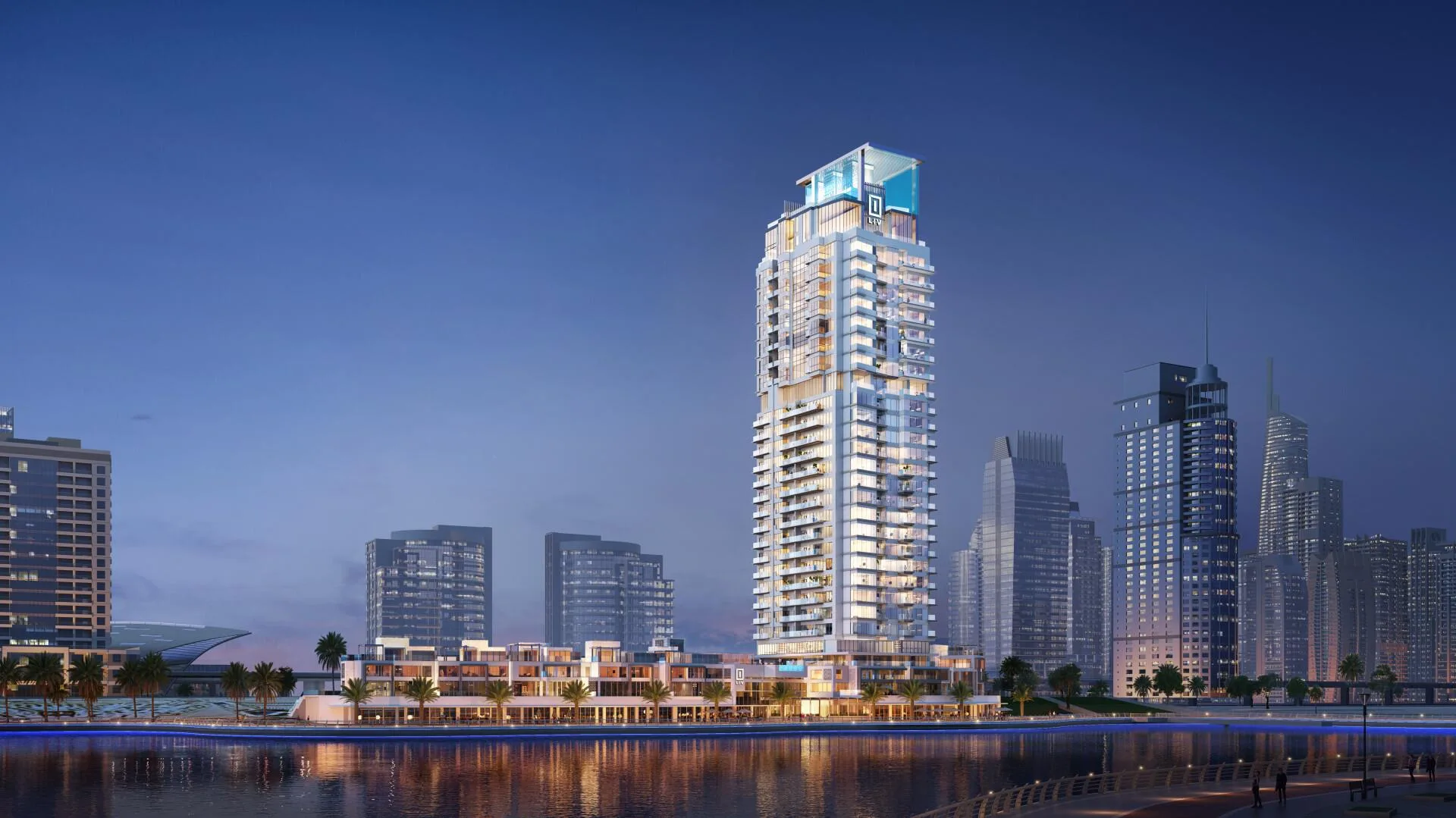 Башня LIV Waterside вечером, вид с воды