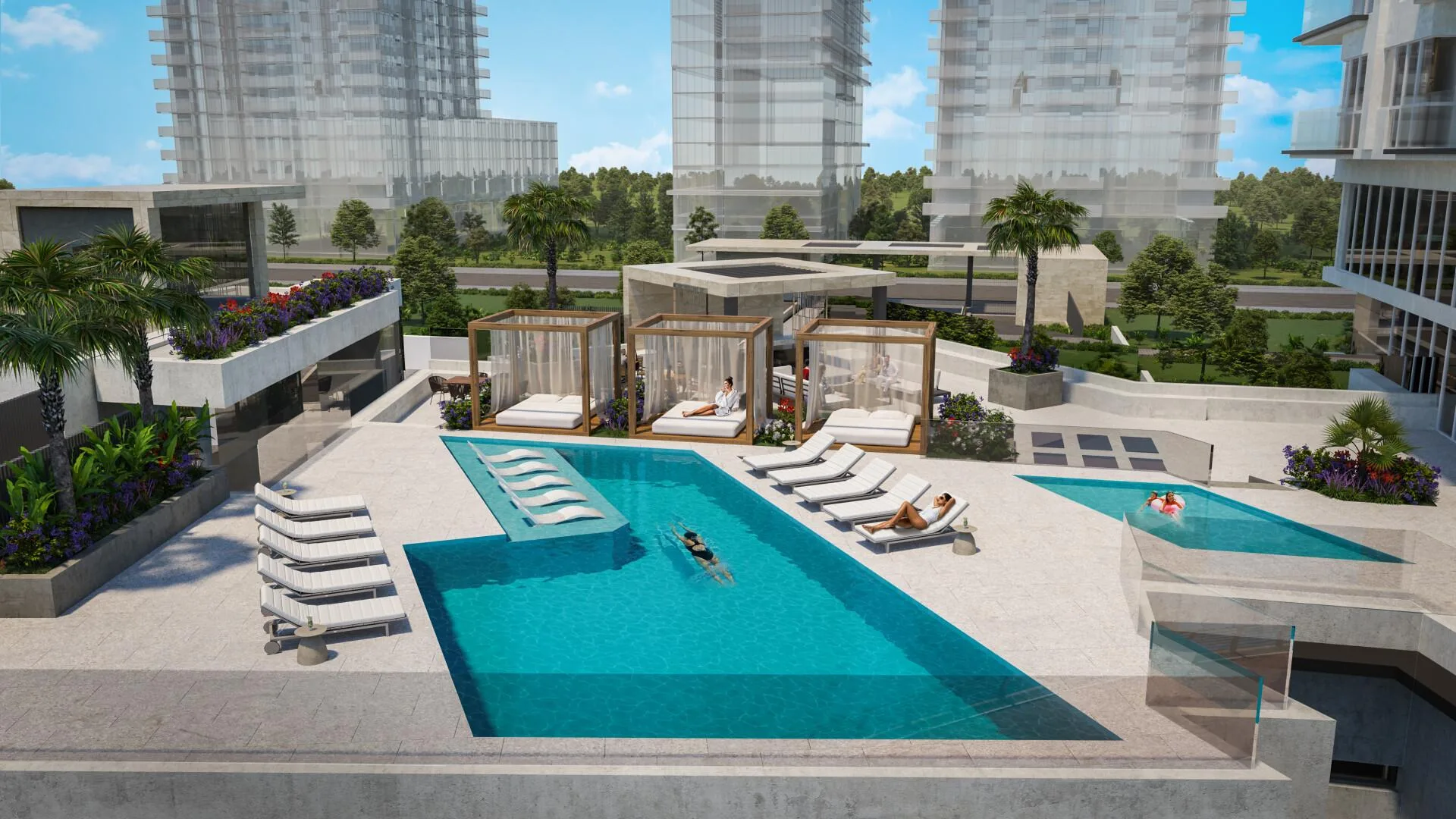 Бассейн с кабанами на палубе LIV Waterside