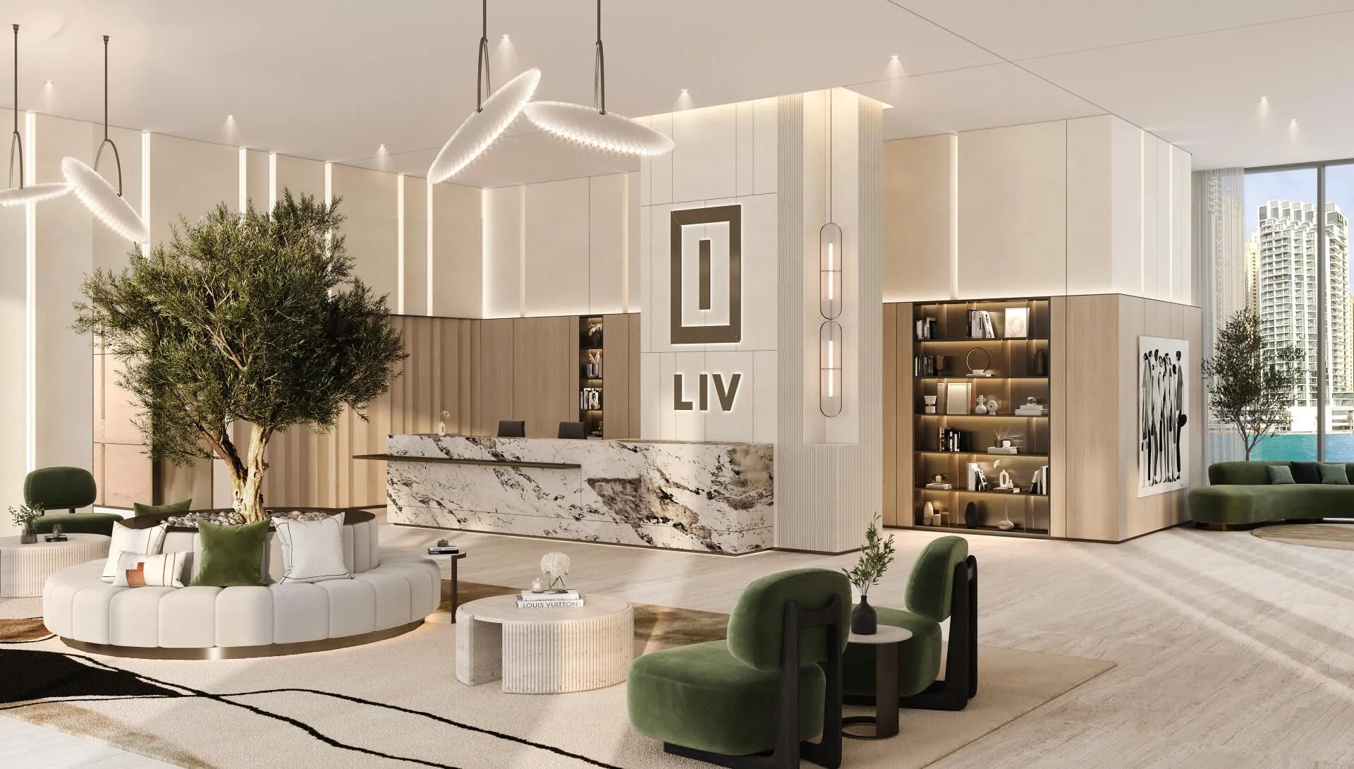 Лобби LIV Waterside: мраморная стойка, оливковое дерево и зелёные кресла