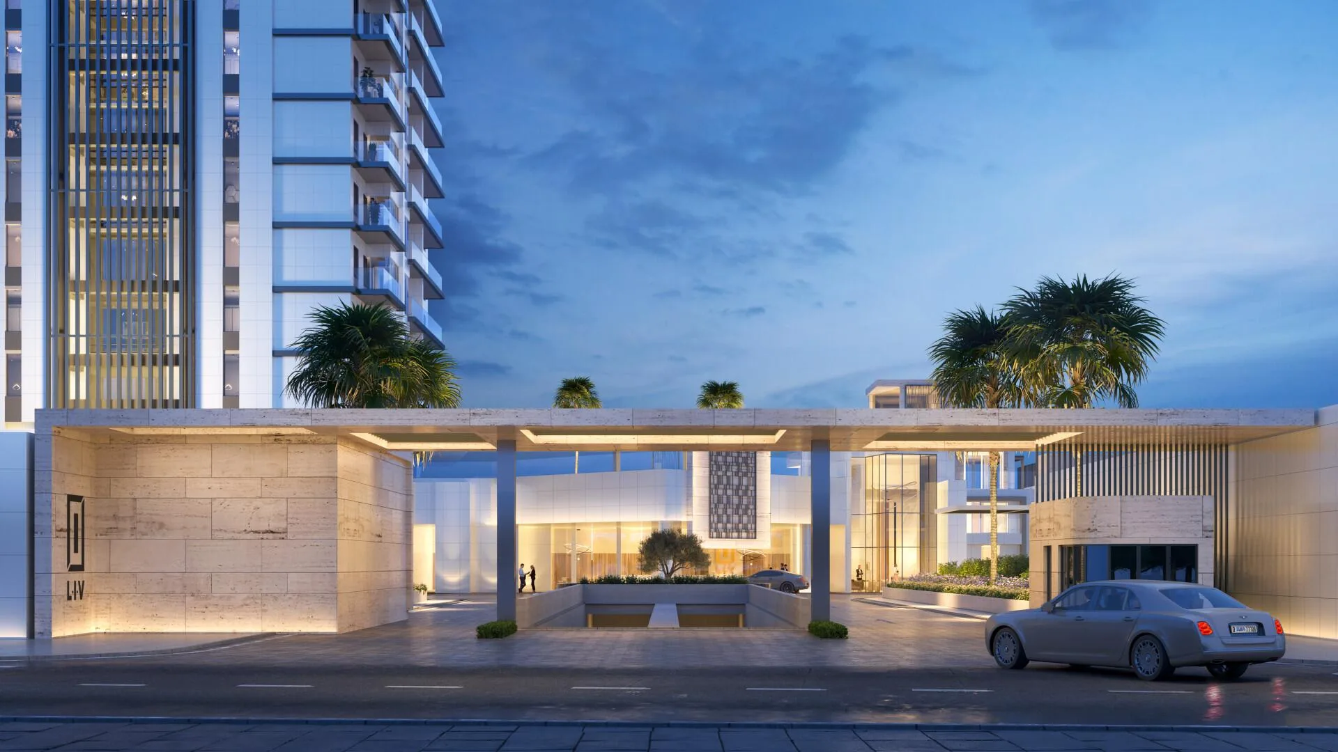 Въездной портал LIV Waterside вечером