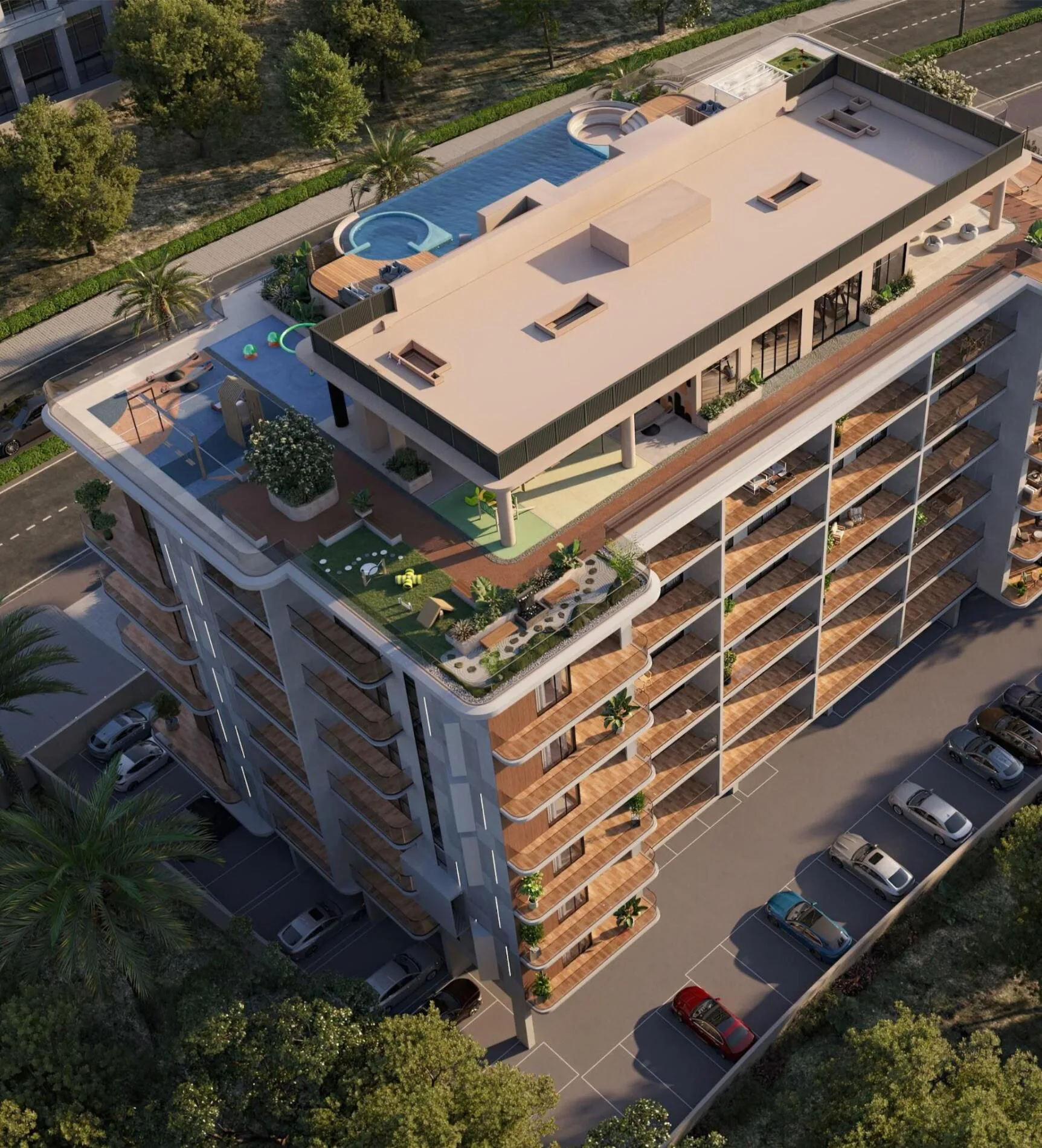 Livia Residences с высоты: общие зоны и бассейн