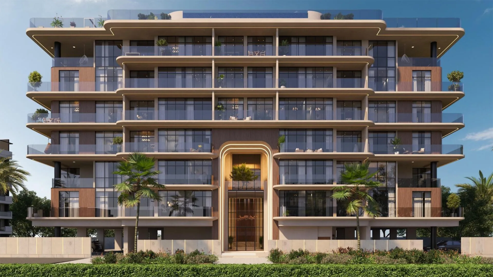 Фасад Livia Residences с пальмами у входа