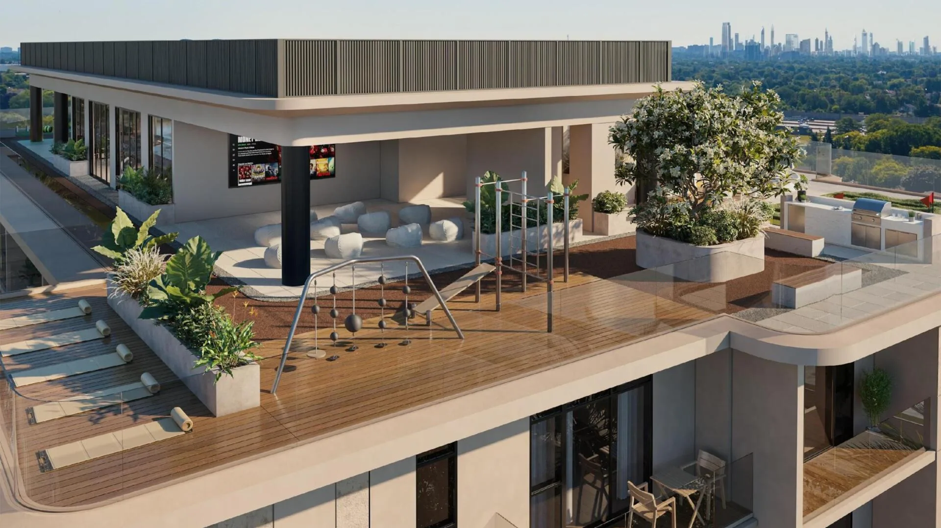 Терраса на крыше Livia Residences с настилом для йоги и экраном