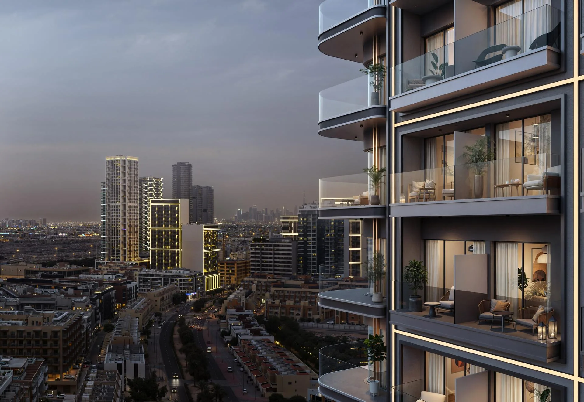Балконы Lume Residences и вечерний вид на JVC