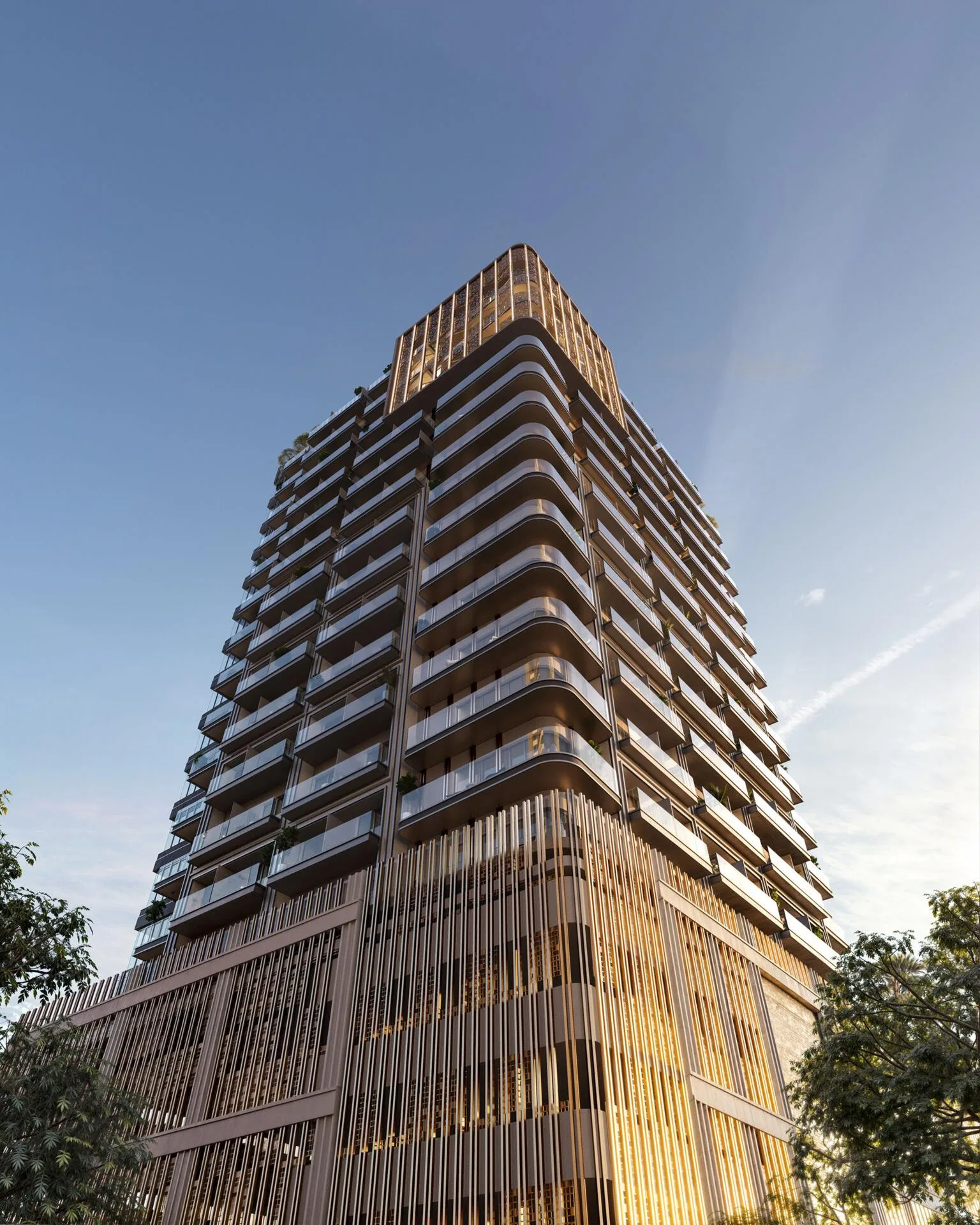 Lume Residences снизу: скруглённые балконы и светлый венец
