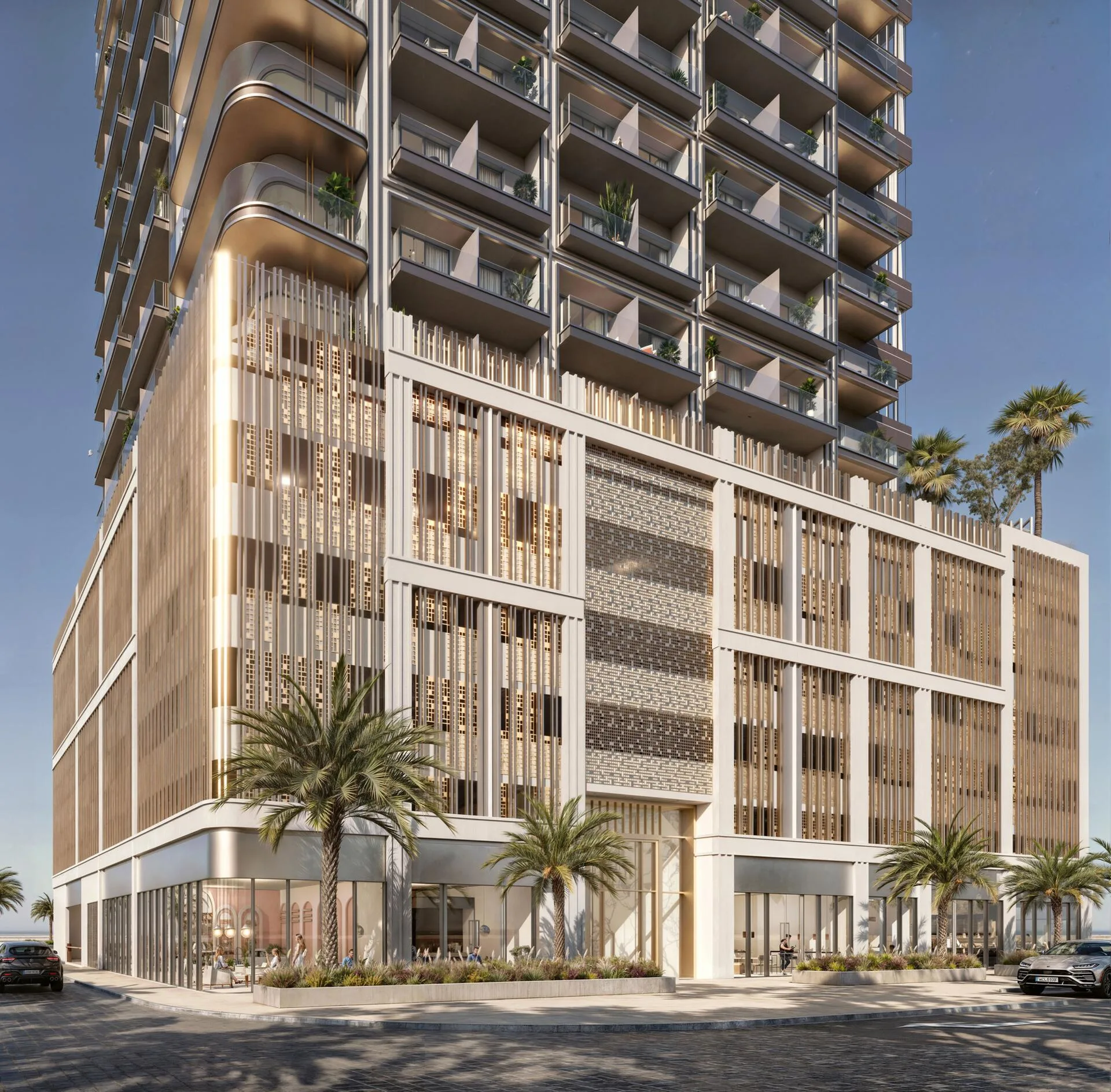 Нижние этажи Lume Residences с пальмами у входа