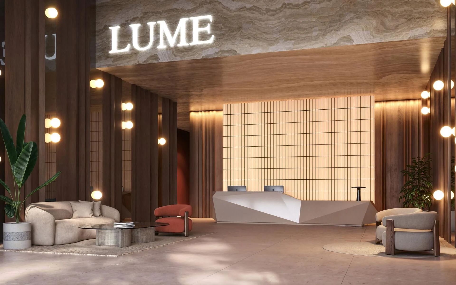 Ресепшн Lume Residences: камень, дерево и тёплый свет
