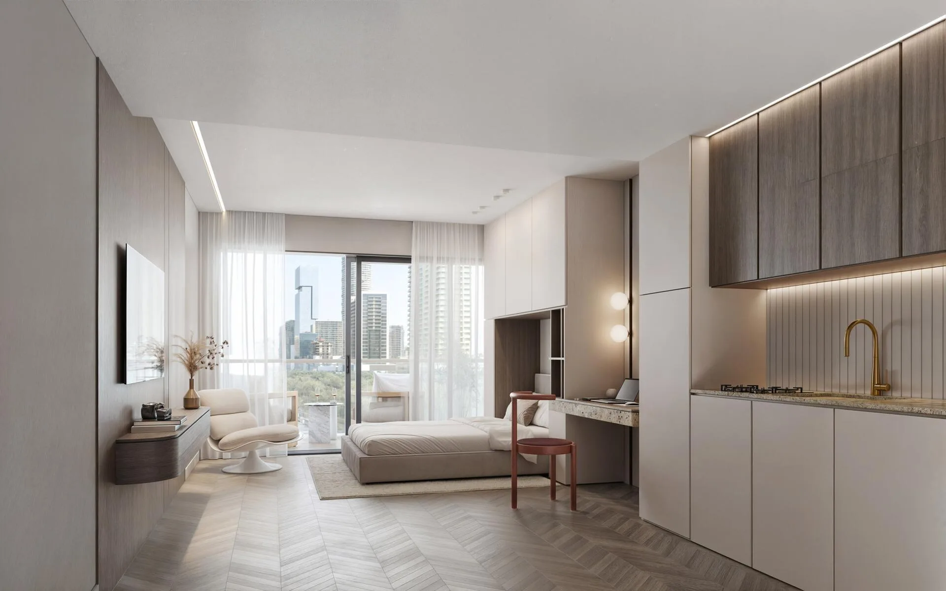 Студия Lume Residences: кухня, спальное место и окно на город