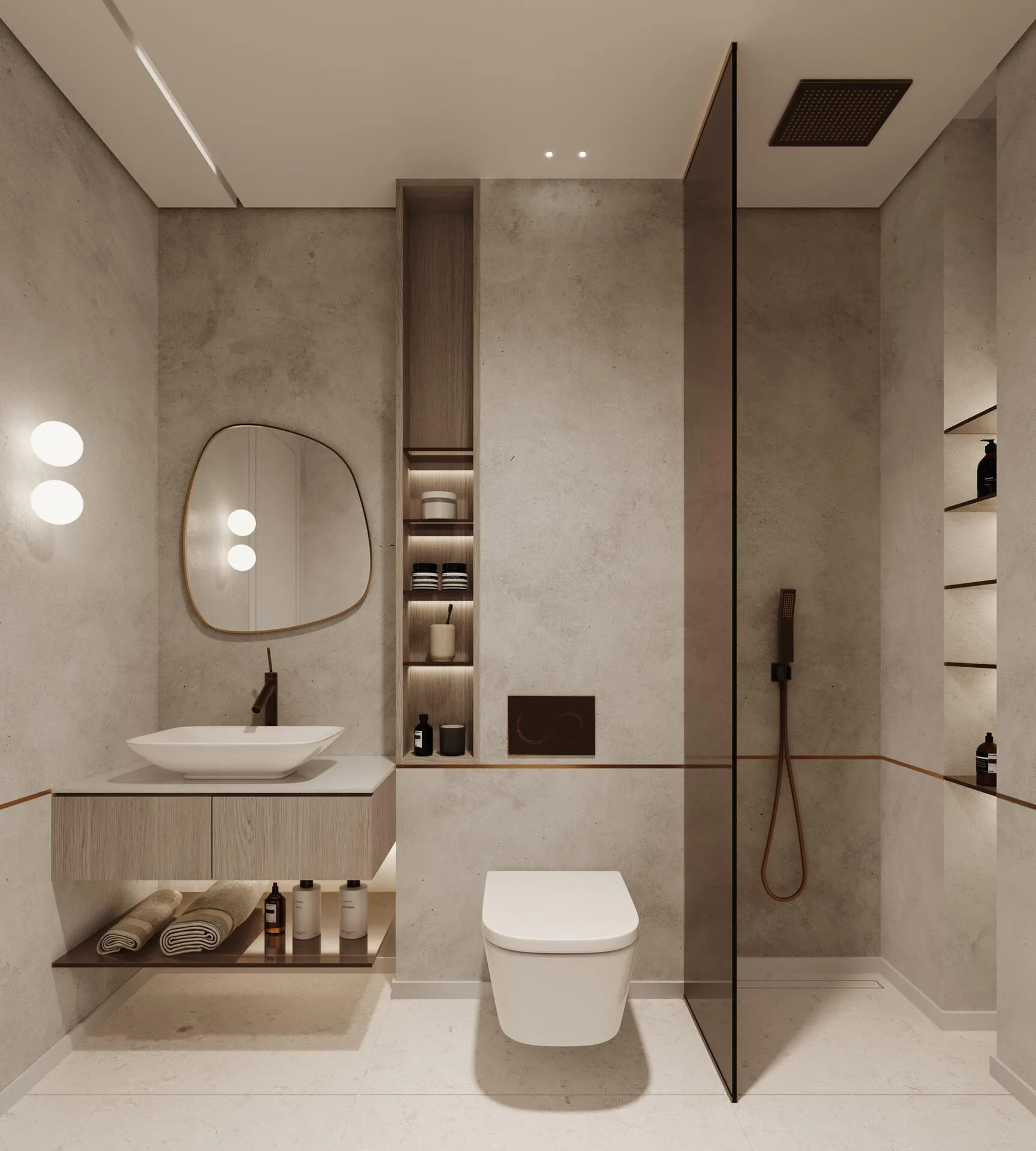 Ванная Lume Residences: керамогранит под камень и ниши с подсветкой