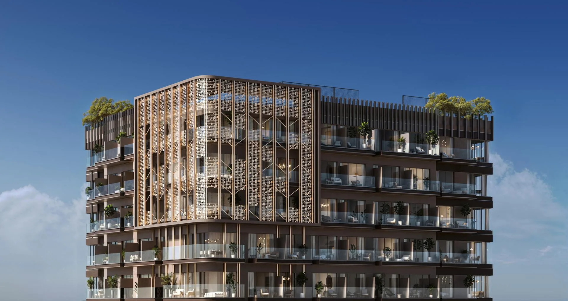 Верхние этажи Lume Residences с узорчатым экраном и зеленью