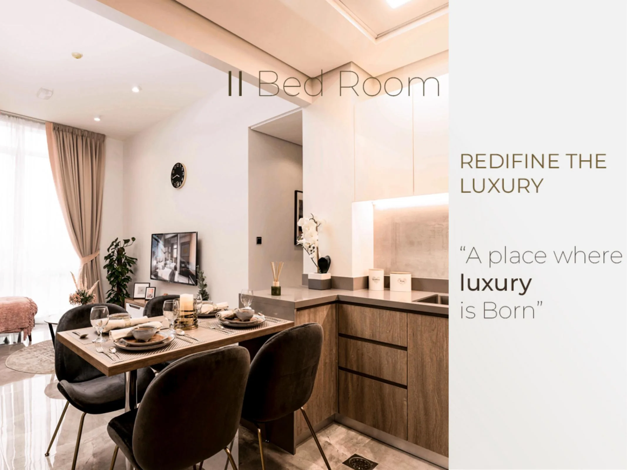 Гостиная со столовой в квартире с двумя спальнями Majestique Residence 2