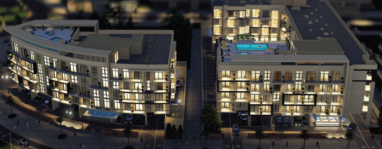 Majestique Residence с высоты ночью и улицы вокруг