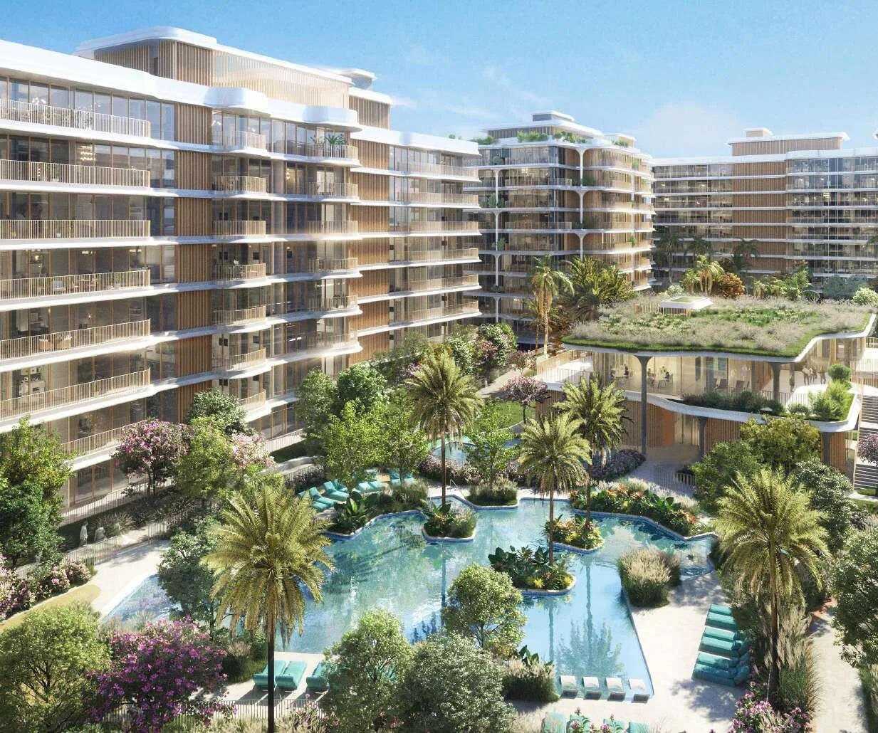 Двор Mamsha Gardens сверху: бассейн среди деревьев и зелёная крыша