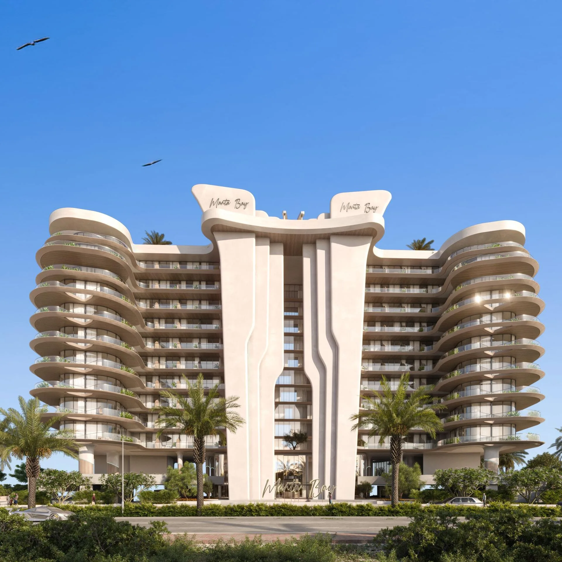 Фасад Manta Bay анфас: волнистые террасы и центральная арка