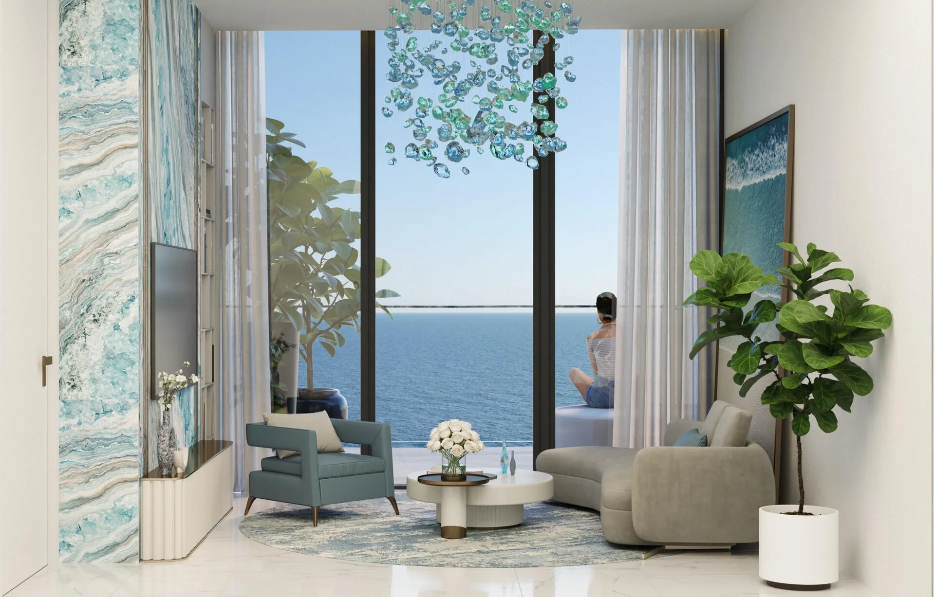 Гостиная квартиры Manta Bay с окном во всю стену и видом на море