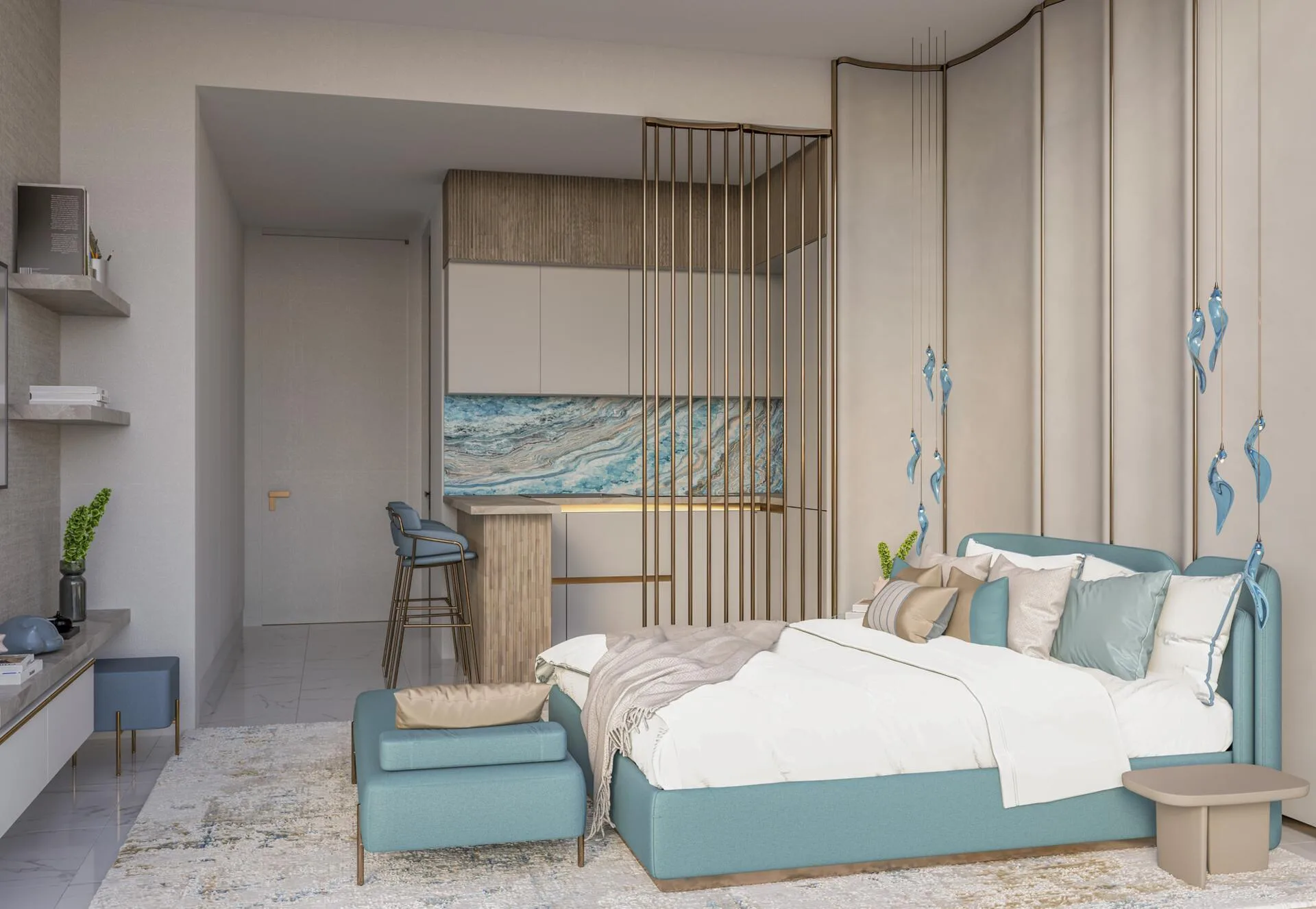 Студия Manta Bay: кровать, барная стойка и кухня за перегородкой