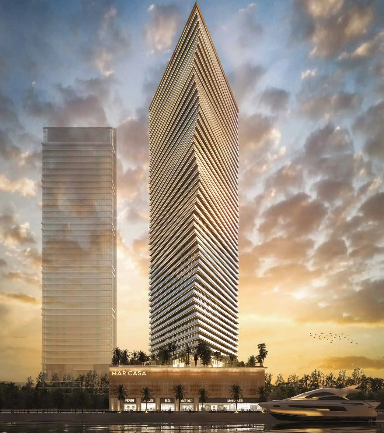 Mar Casa tower with tiered balconies against a sunset sky