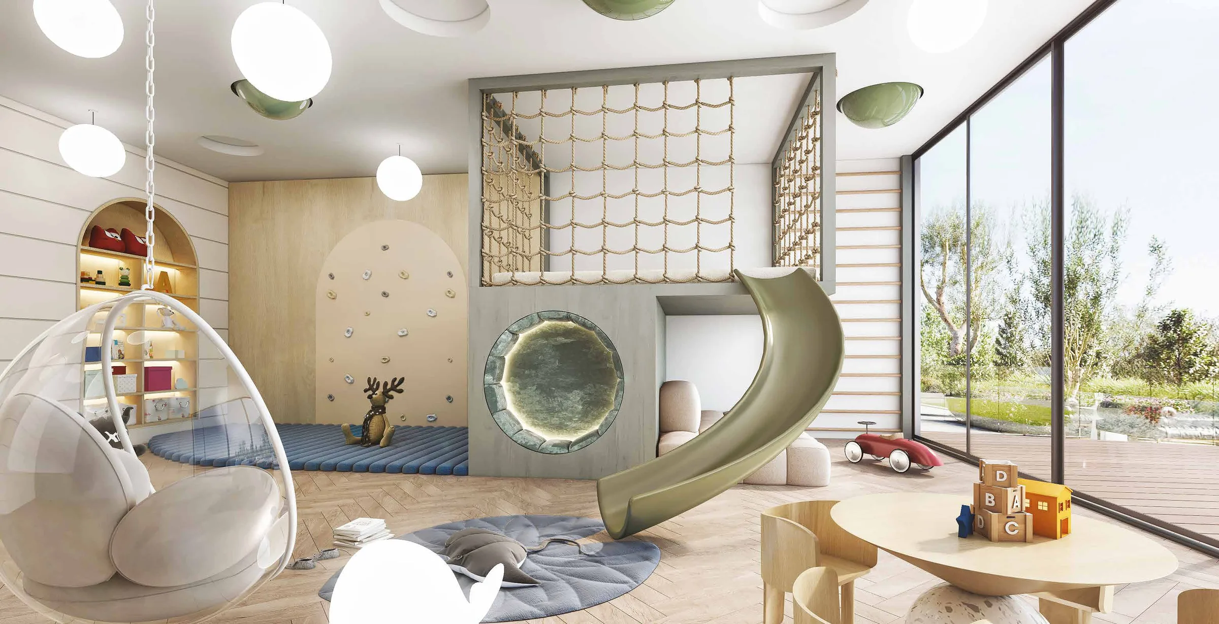 Kids' club with a slide, rope net and climbing wall