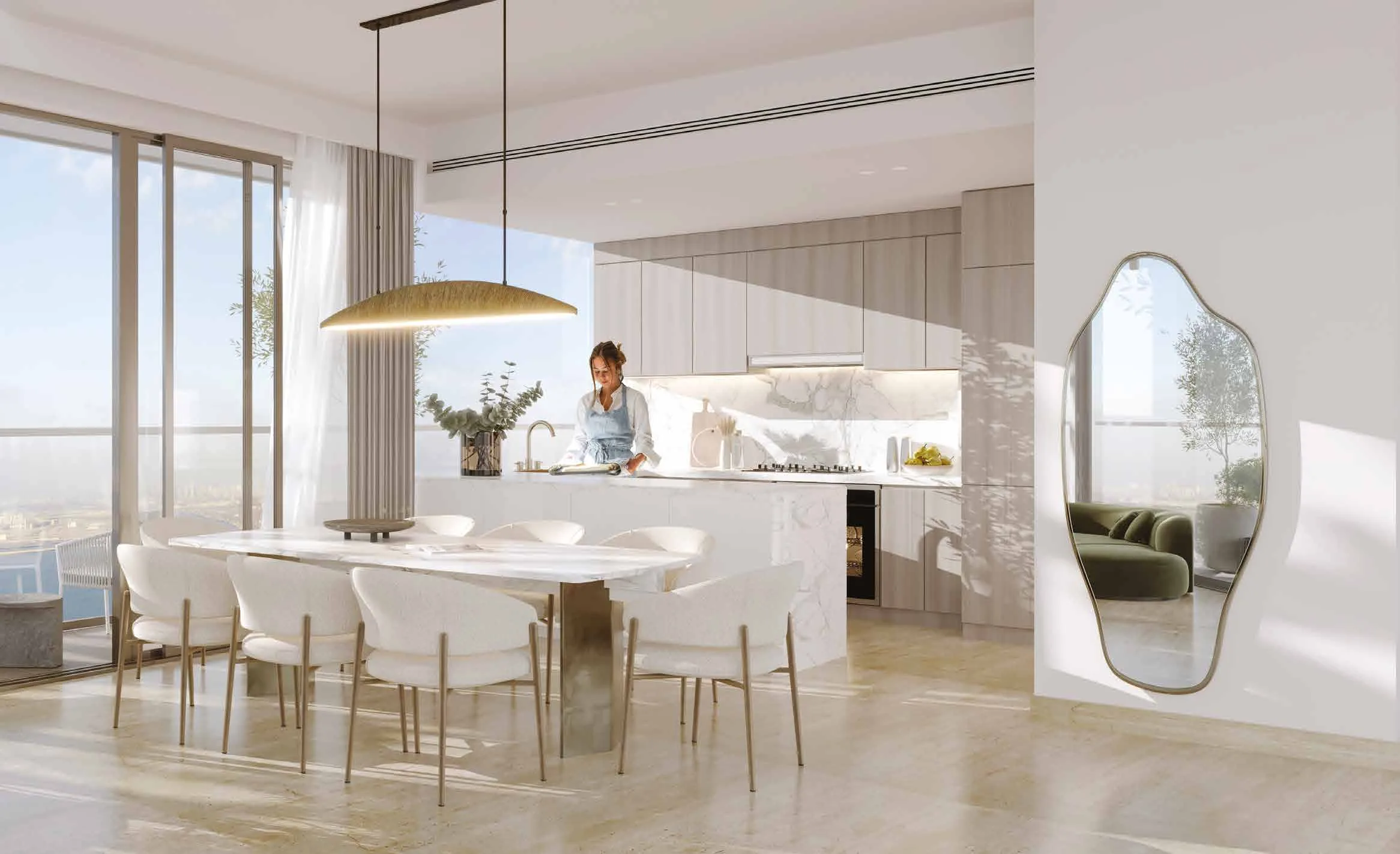 Kitchen-dining room with a large table and panoramic windows
