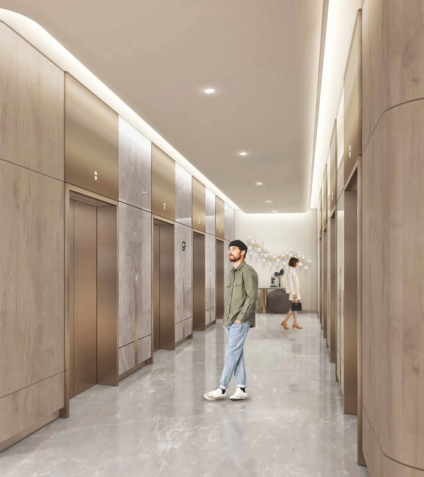Mar Casa lift lobby with wood and stone finishes