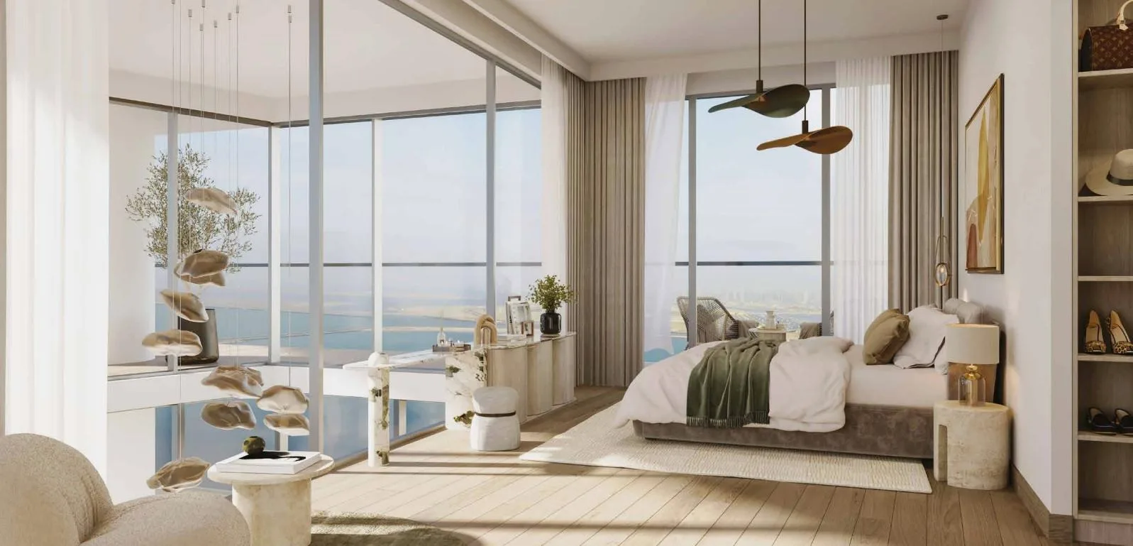 Bright bedroom with panoramic sea-view windows