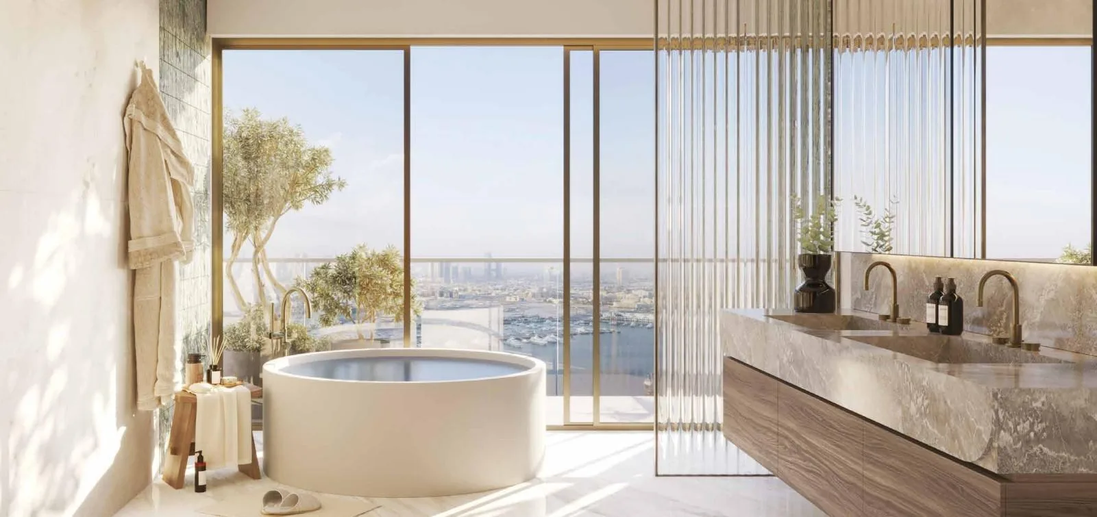 Bathroom with a round plunge pool and views of the harbour and city