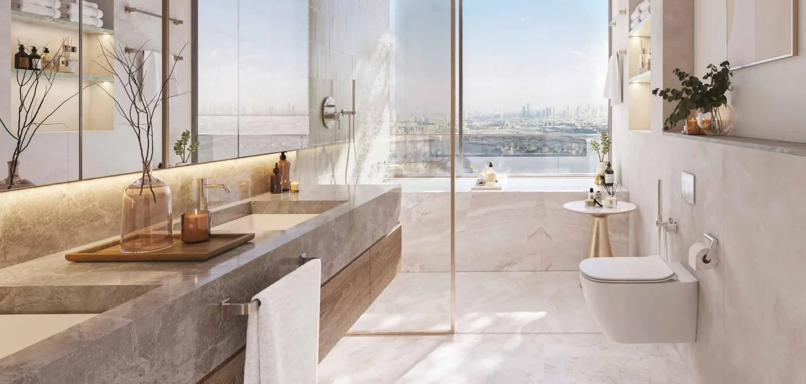 Light marble bathroom with a panoramic city-view window