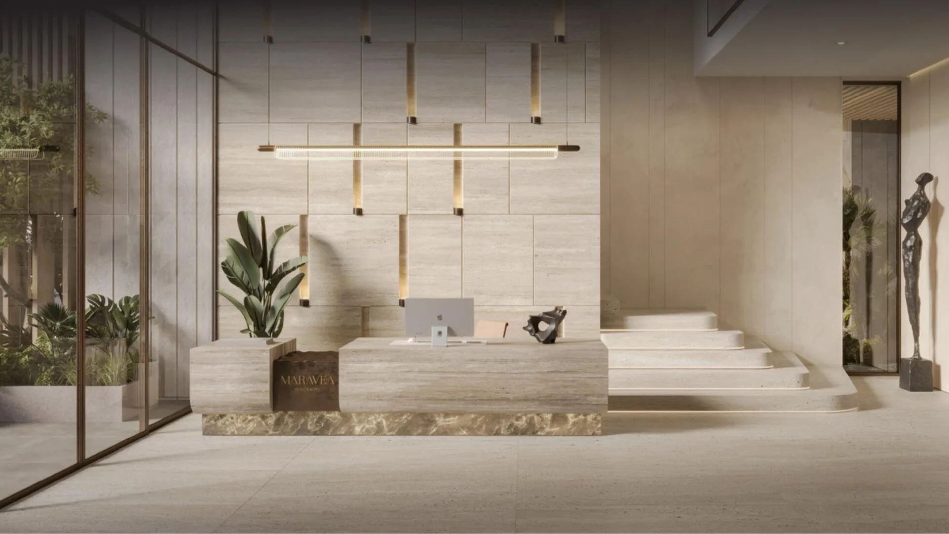 Лобби Maravea Residences: камень и тёплый свет