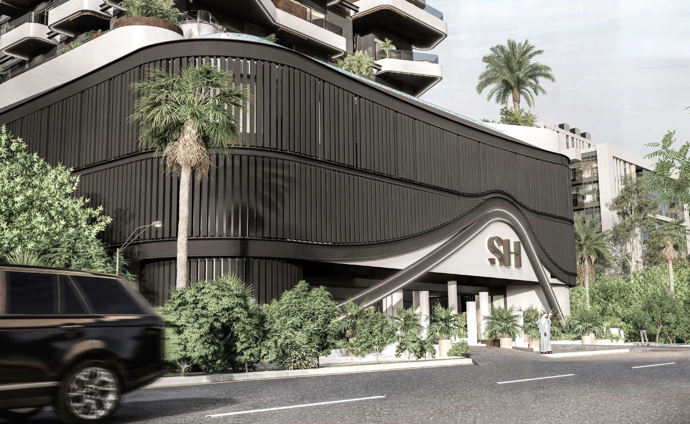 Подиум Marea Residences с изогнутым фасадом и знаком SH