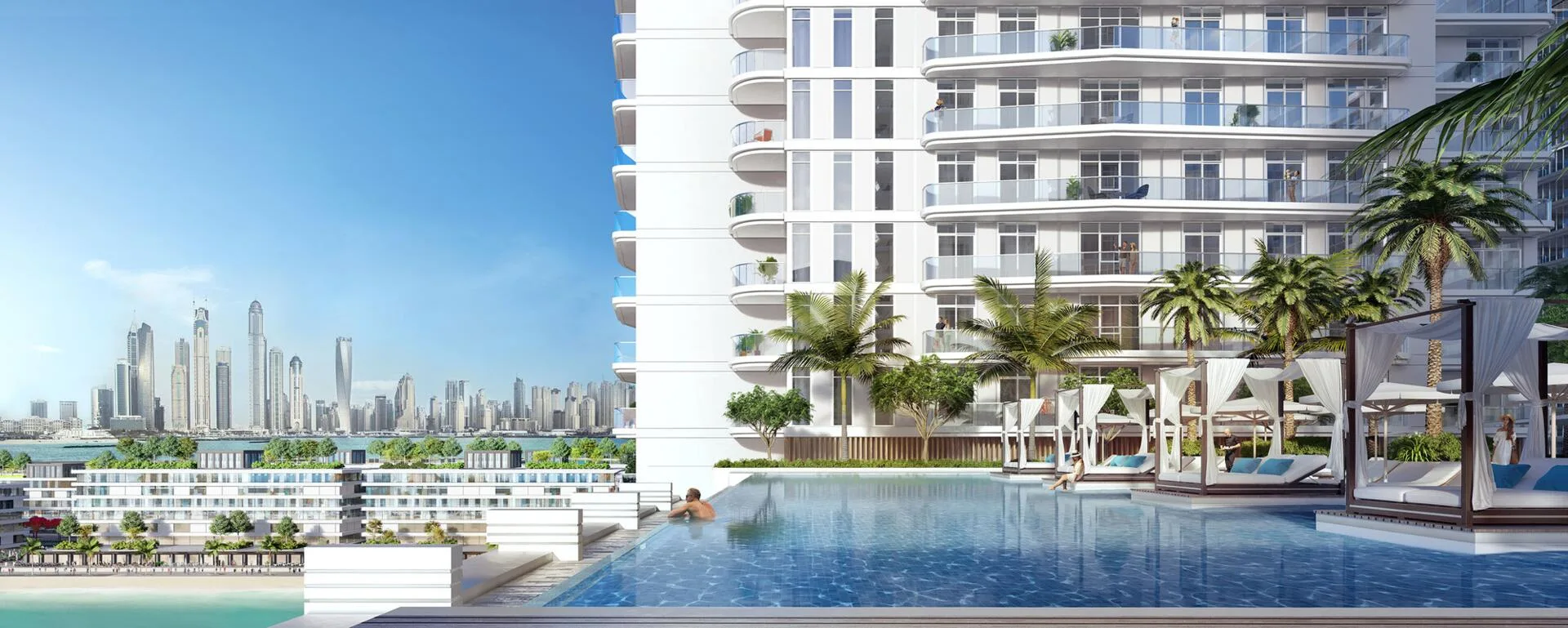 Башня Marina Vista с балконами, вдали Dubai Marina