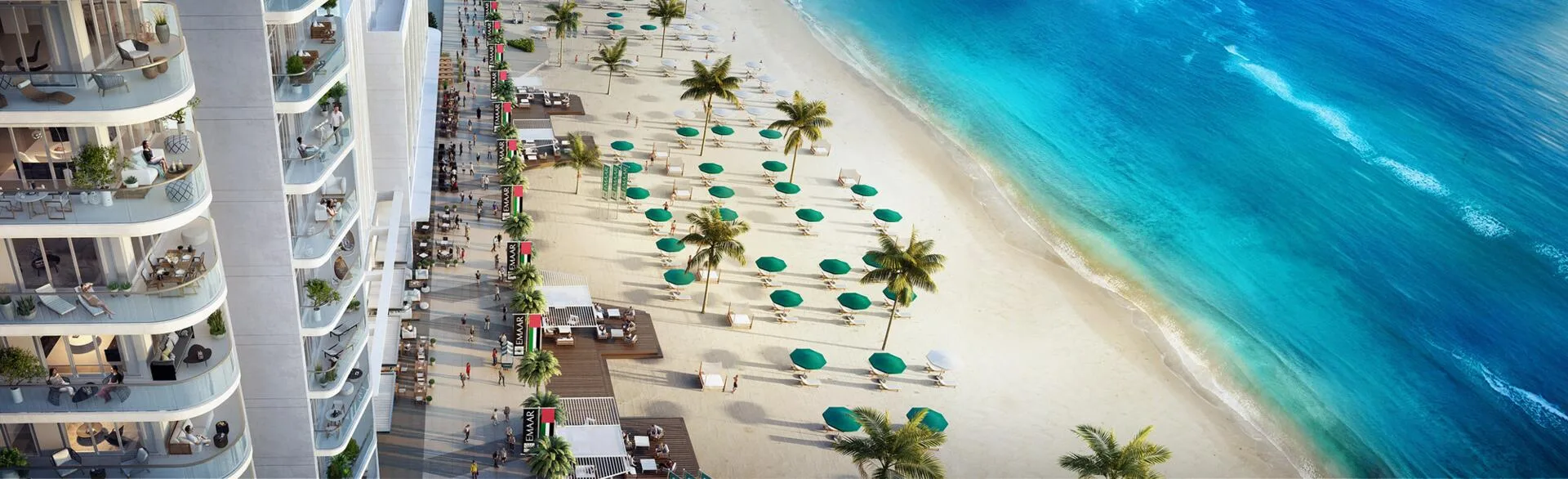 Пляж острова Emaar Beachfront у подножия башни, вид сверху