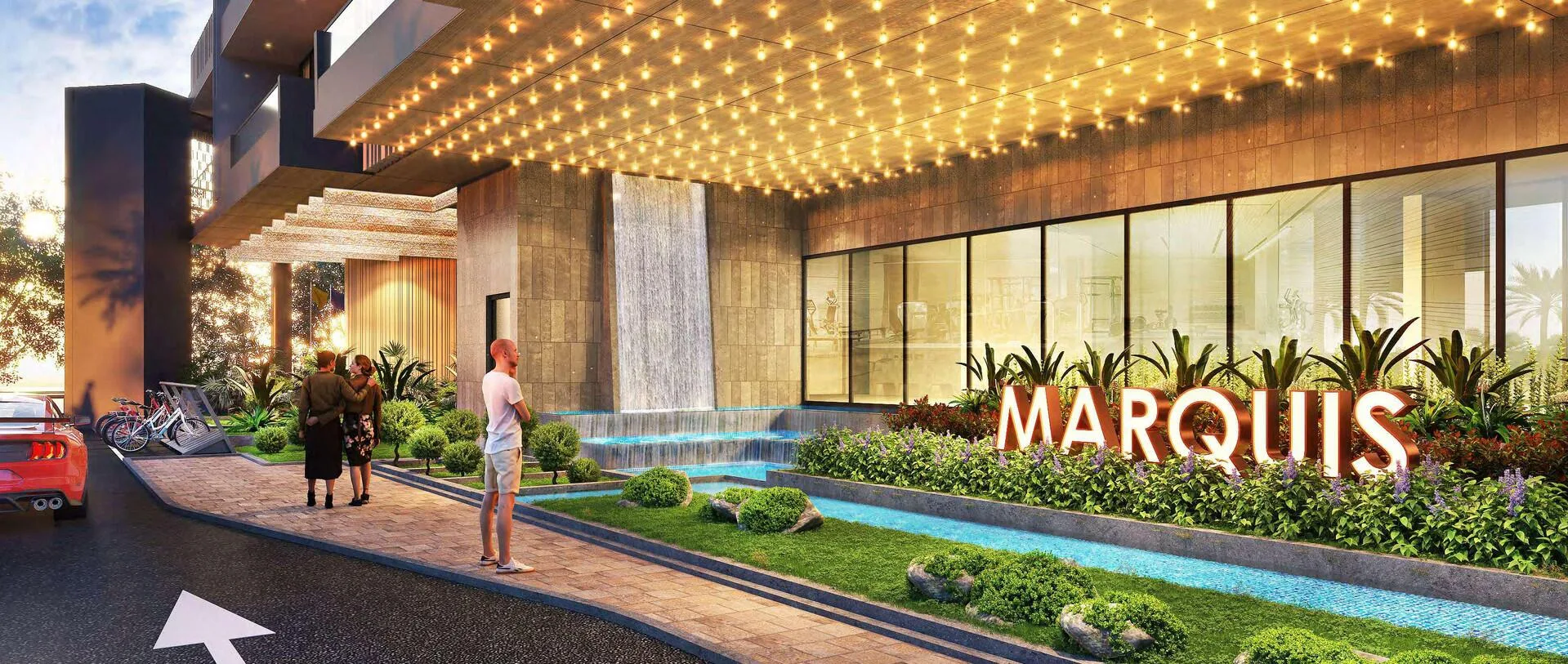 Водопад и зелень вдоль входа в Marquis Galleria
