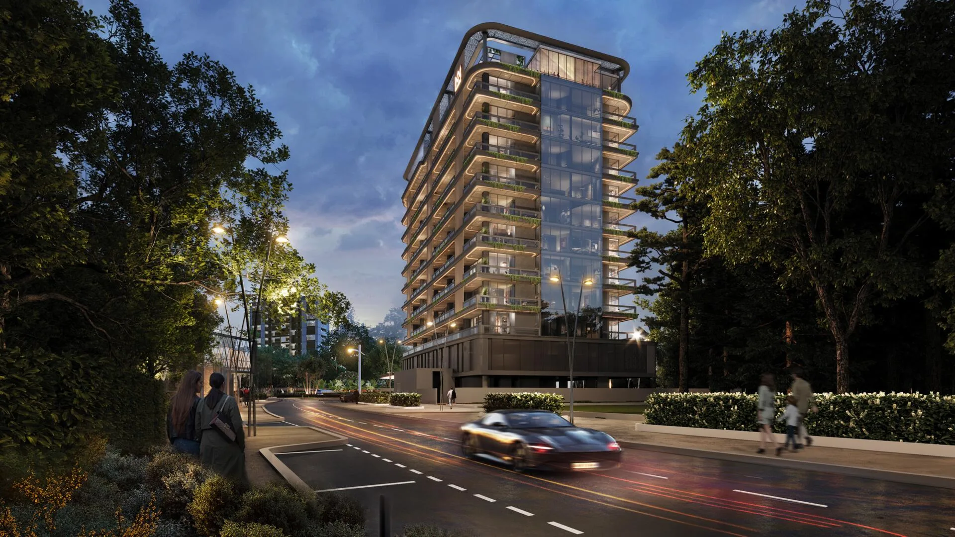 Дом Marquis Vista вечером с улицы, светящиеся балконы
