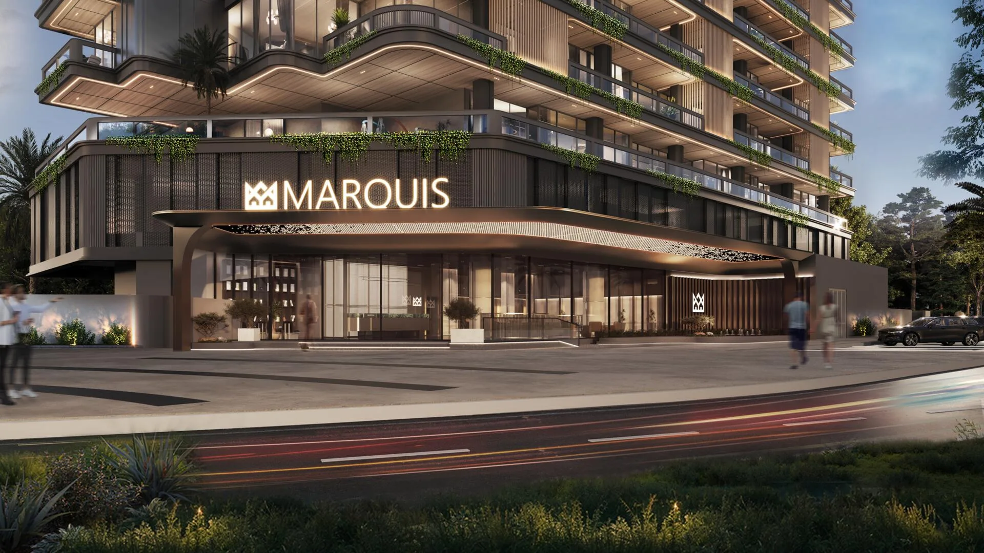 Вход в Marquis Vista под козырьком с вывеской Marquis
