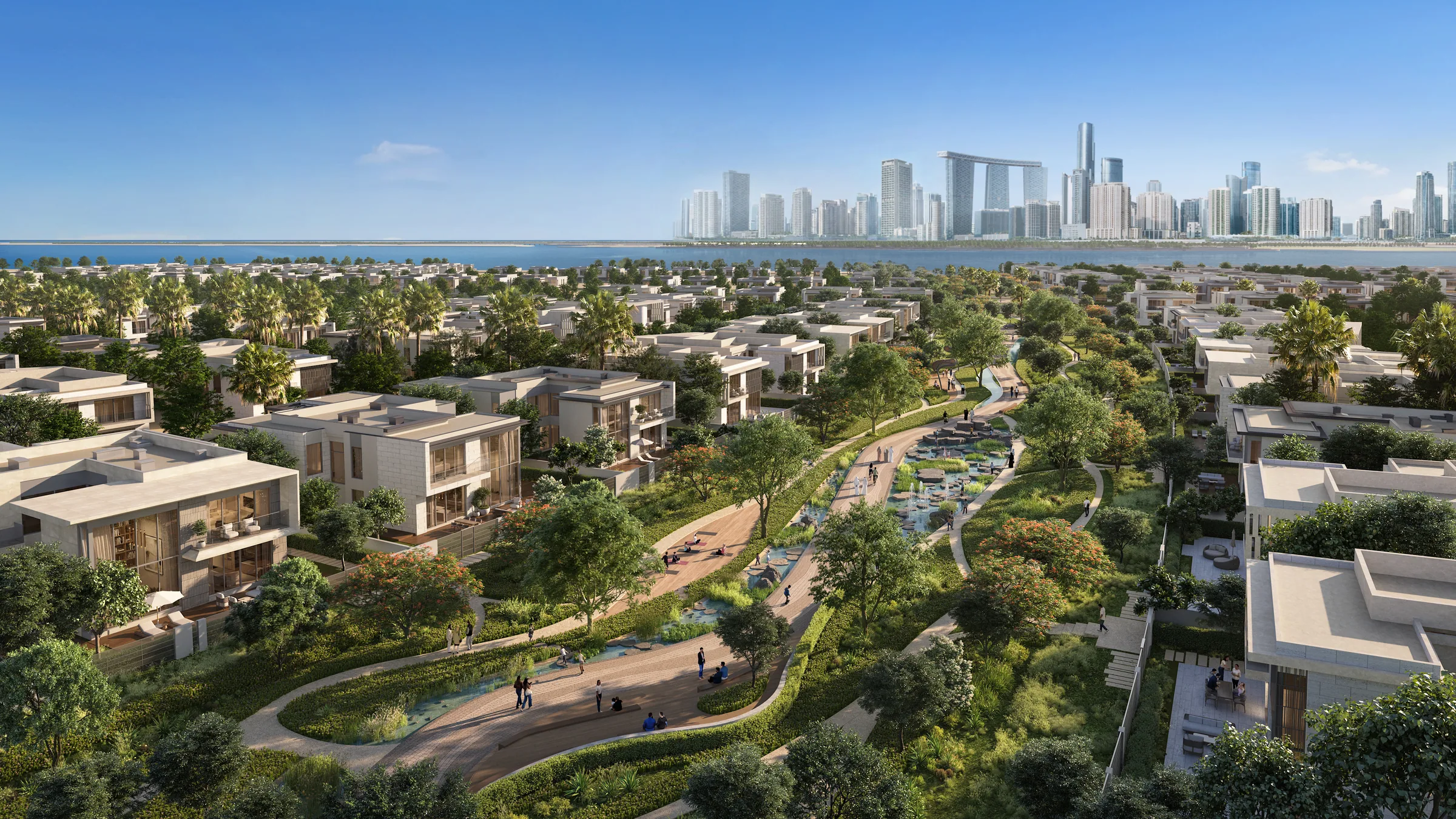 Кварталы вилл Marsa Al Saadiyat с высоты, вдали небоскрёбы острова Рим