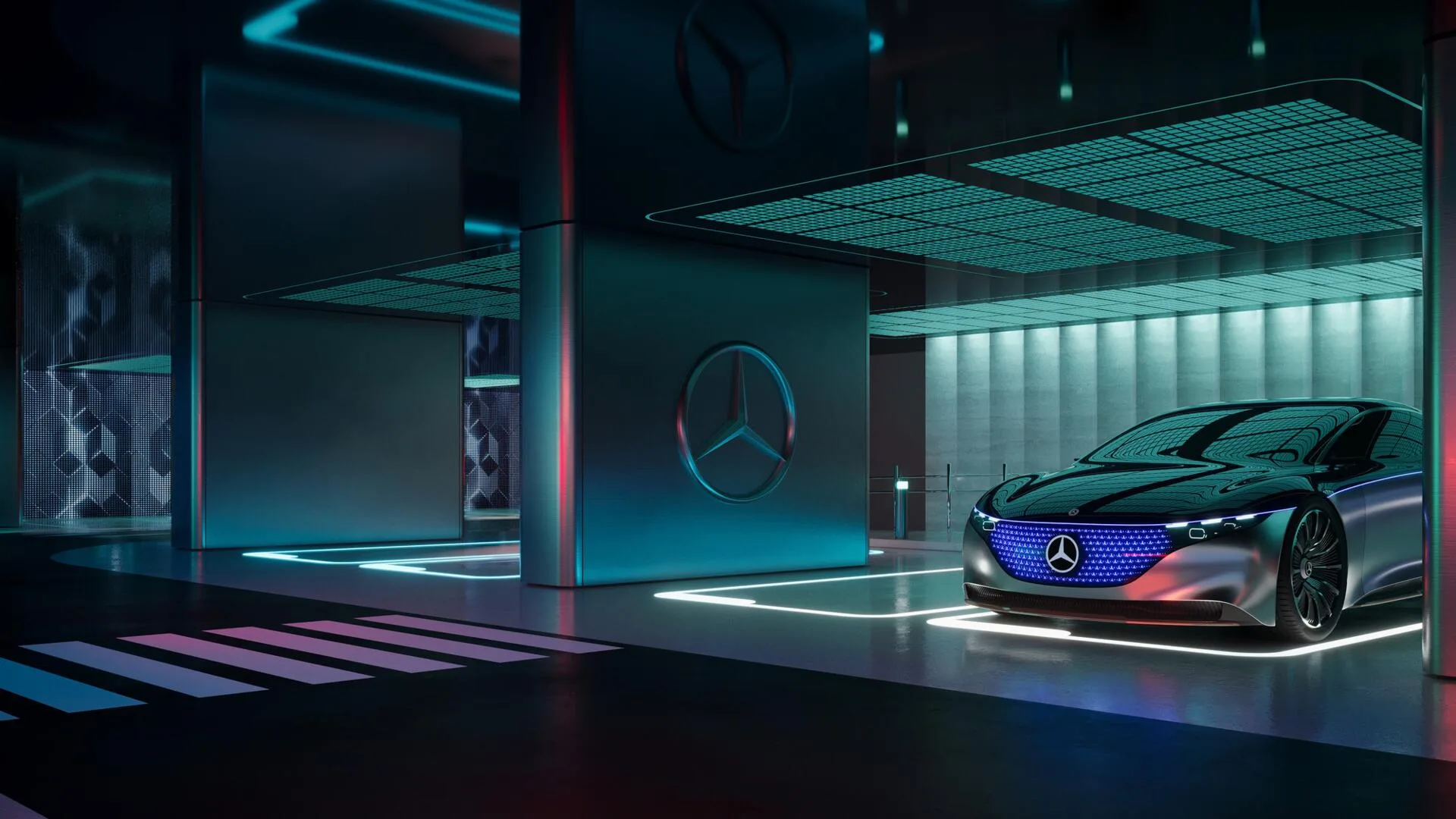 Паркинг с подсветкой и знаком Mercedes-Benz