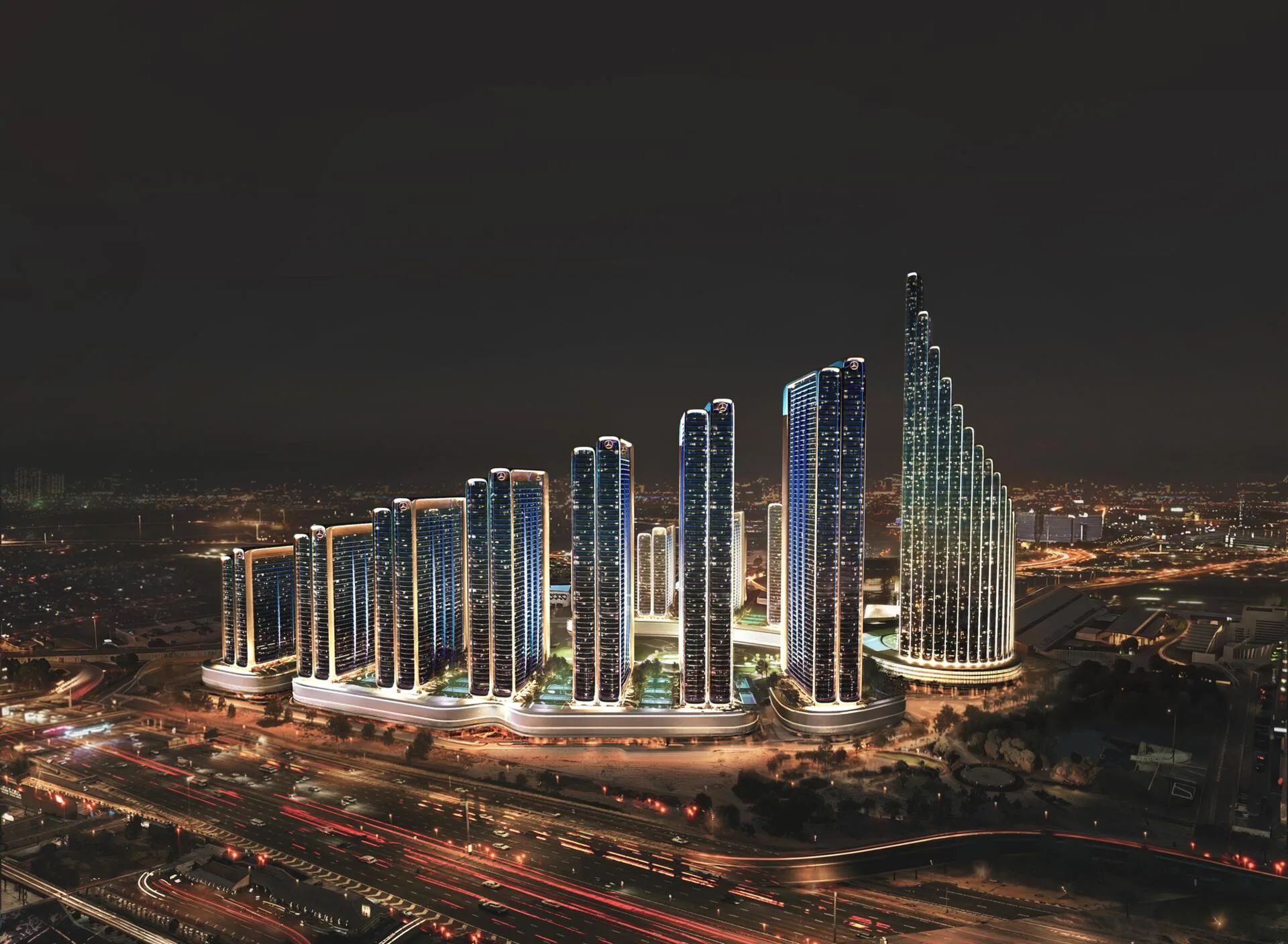 Башни Mercedes-Benz Places   Binghatti City ночью