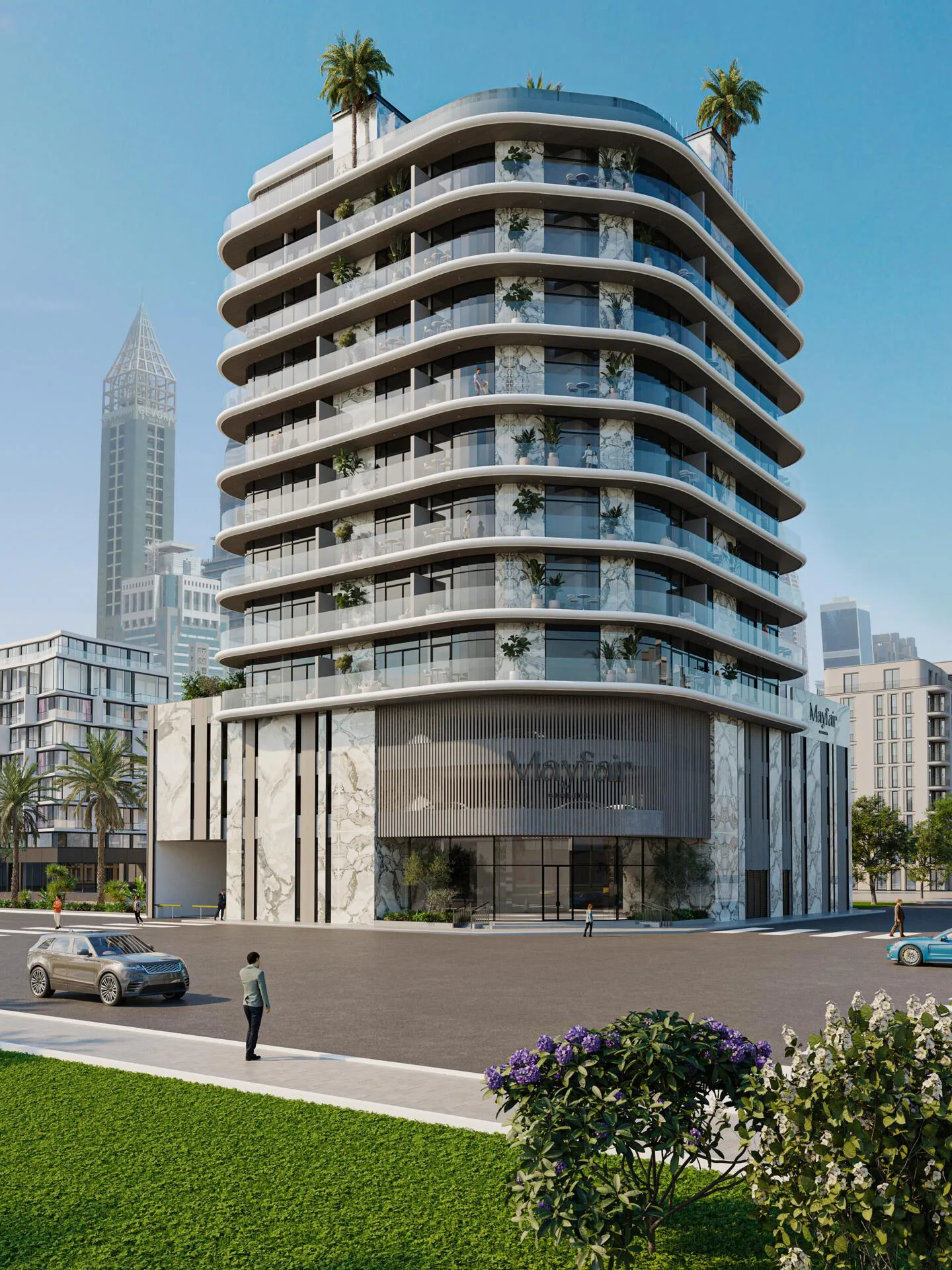Дом Mayfair Gardens днём: закруглённые балконы и небоскрёб за ним