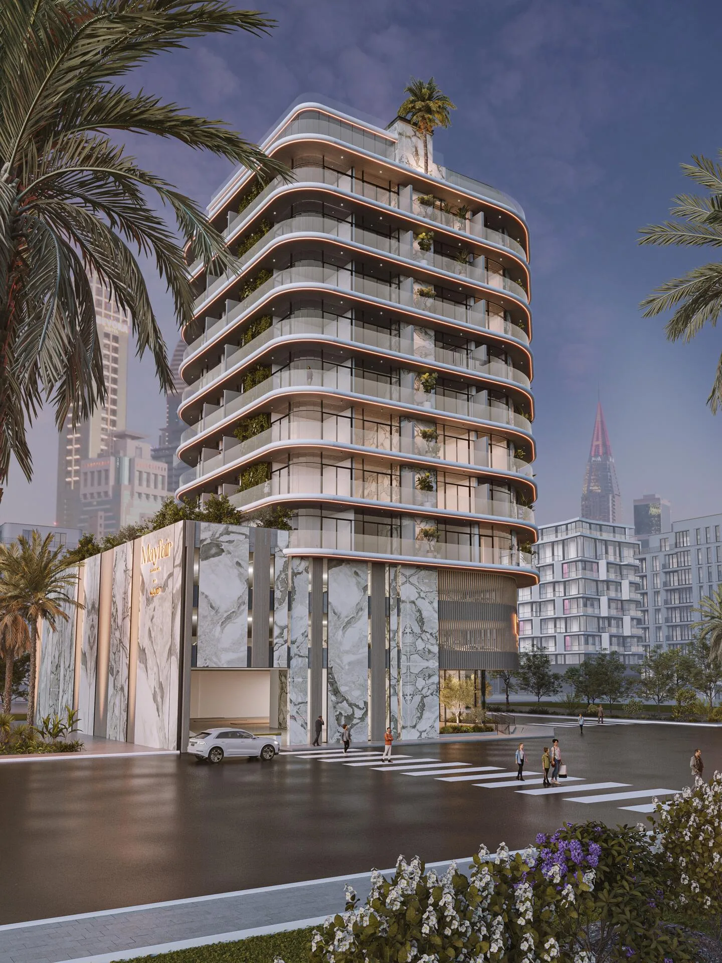 Mayfair Gardens и небоскрёбы центра Дубая за ним
