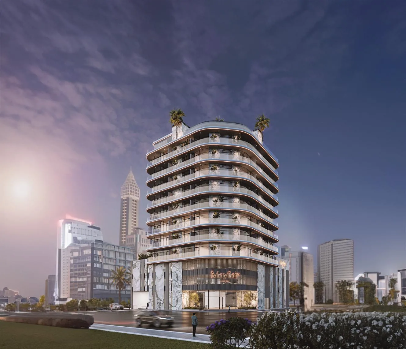 Mayfair Gardens в сумерках на фоне небоскрёбов Дубая